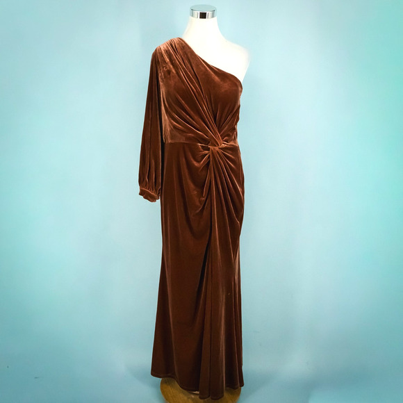 Revelry Plus Size 18 Aurora Rust Velvet One Shoulder Twist Maxi Bridesmaid Dress - Picture 1 of 6